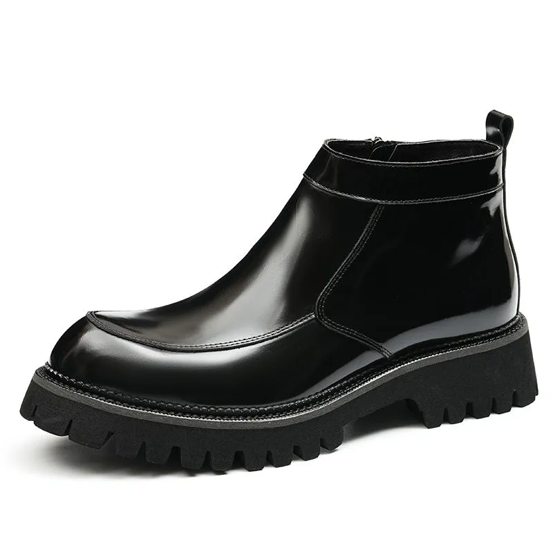 Top Layer Cowhide Men's Leather Shoes Thick Bottom Autumn Genuine Leather Big Toe Boots Men's Glossy Side Zipper Business Chelsea High-Top Shoes23700