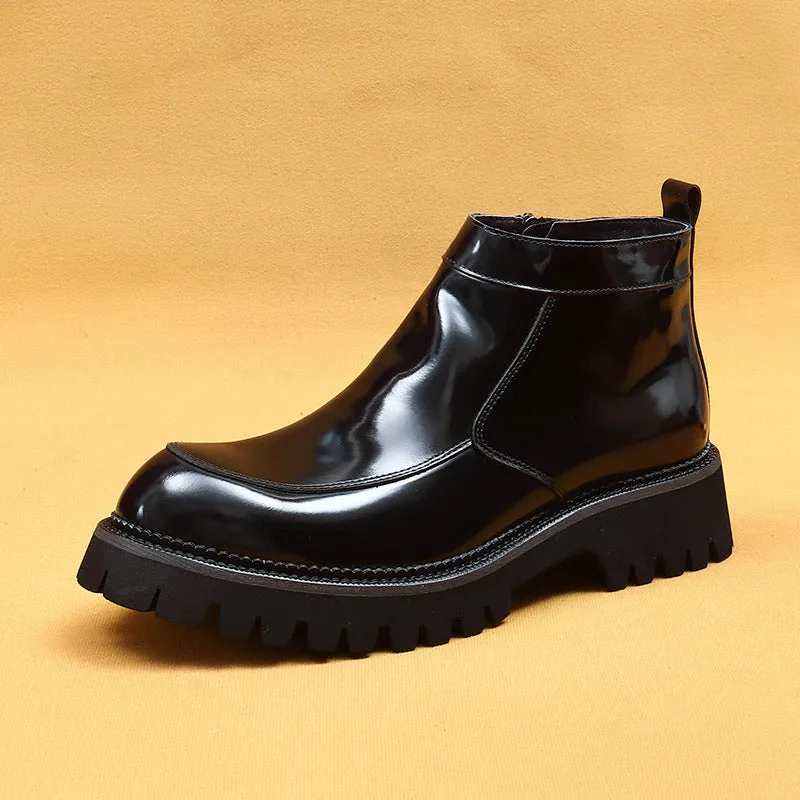 Top Layer Cowhide Men's Leather Shoes Thick Bottom Autumn Genuine Leather Big Toe Boots Men's Glossy Side Zipper Business Chelsea High-Top Shoes23700