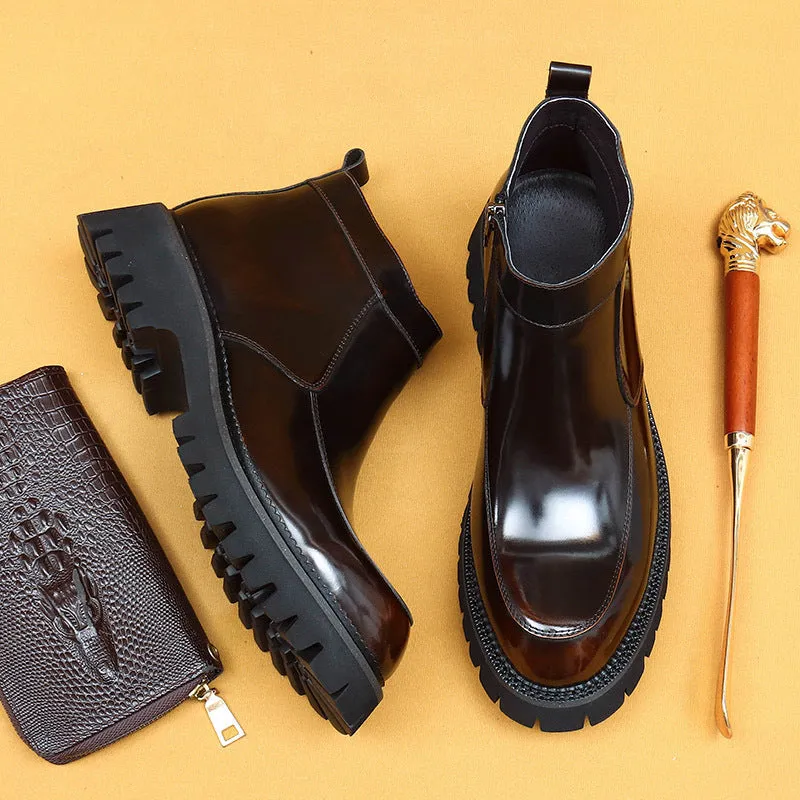 Top Layer Cowhide Men's Leather Shoes Thick Bottom Autumn Genuine Leather Big Toe Boots Men's Glossy Side Zipper Business Chelsea High-Top Shoes23700