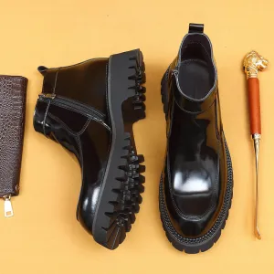Top Layer Cowhide Men's Leather Shoes Thick Bottom Autumn Genuine Leather Big Toe Boots Men's Glossy Side Zipper Business Chelsea High-Top Shoes23700