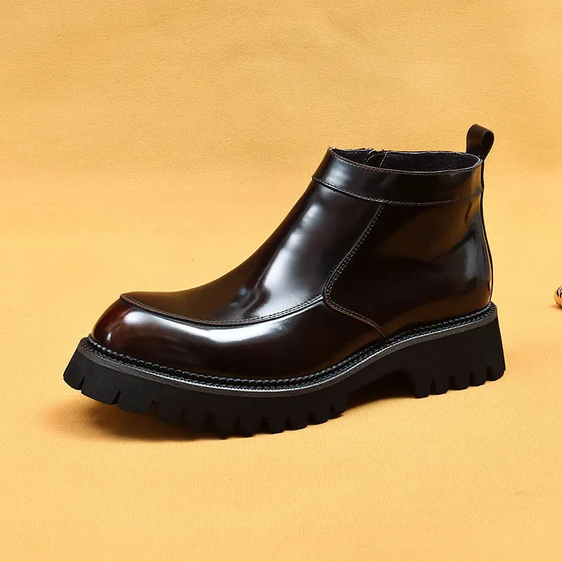Top Layer Cowhide Men's Leather Shoes Thick Bottom Autumn Genuine Leather Big Toe Boots Men's Glossy Side Zipper Business Chelsea High-Top Shoes23700
