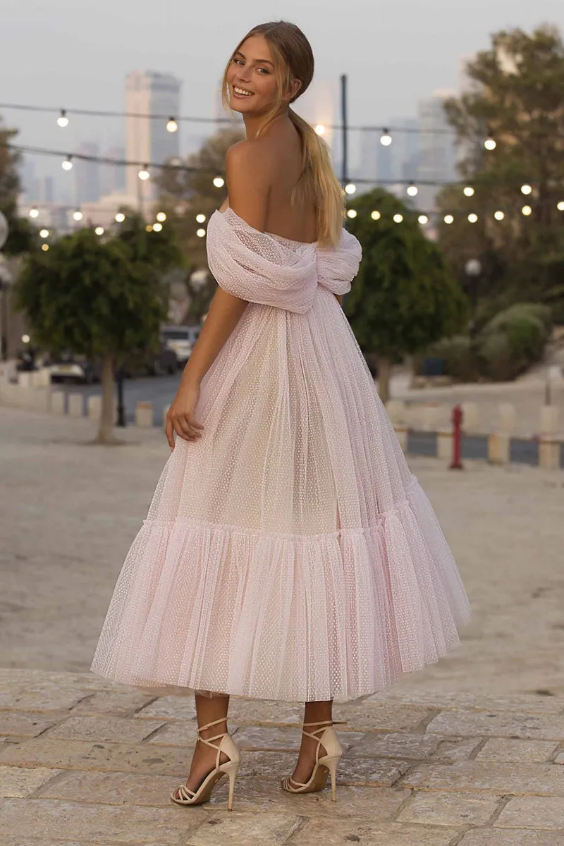 Tulle Off-the-Shoulder Tea Length Midi Dress GP6439