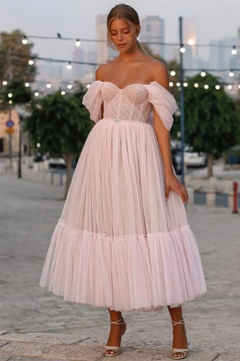 Tulle Off-the-Shoulder Tea Length Midi Dress GP6439