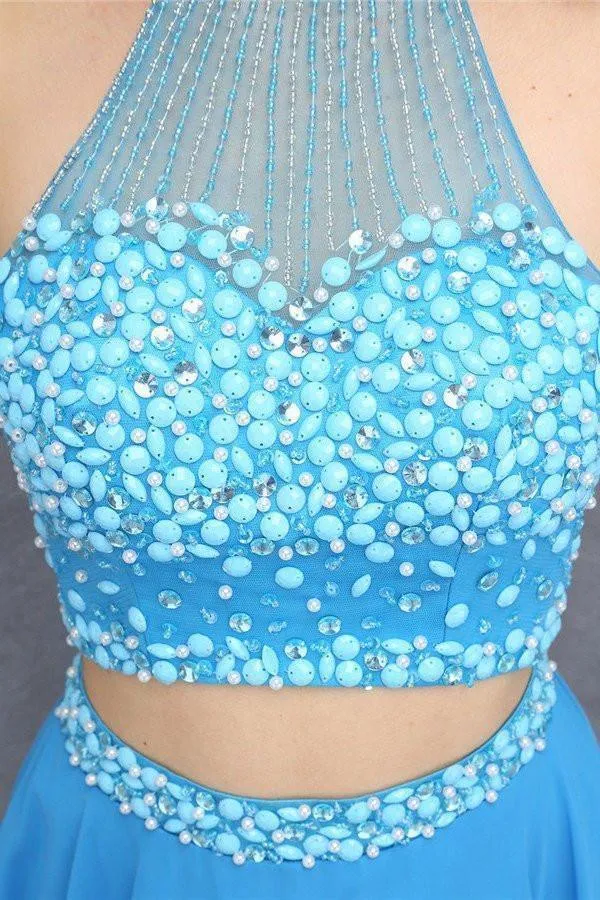 Two Piece Chiffon Blue Beading Homecoming Dress Short Prom Dresses PG002