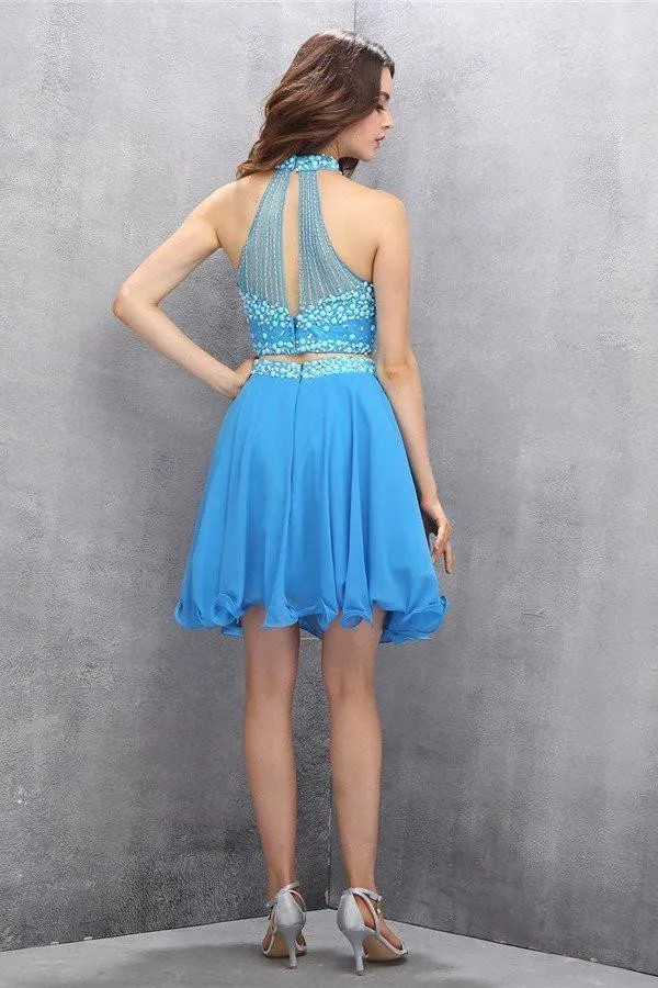Two Piece Chiffon Blue Beading Homecoming Dress Short Prom Dresses PG002