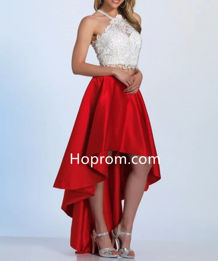 Two Pieces High Low Homecoming Dress, Red Halter Lace Sexy Homecoming Dress