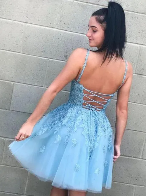 V-neck A-line Homecoming Dresses Tulle Appliqued Blue Gowns HD0144