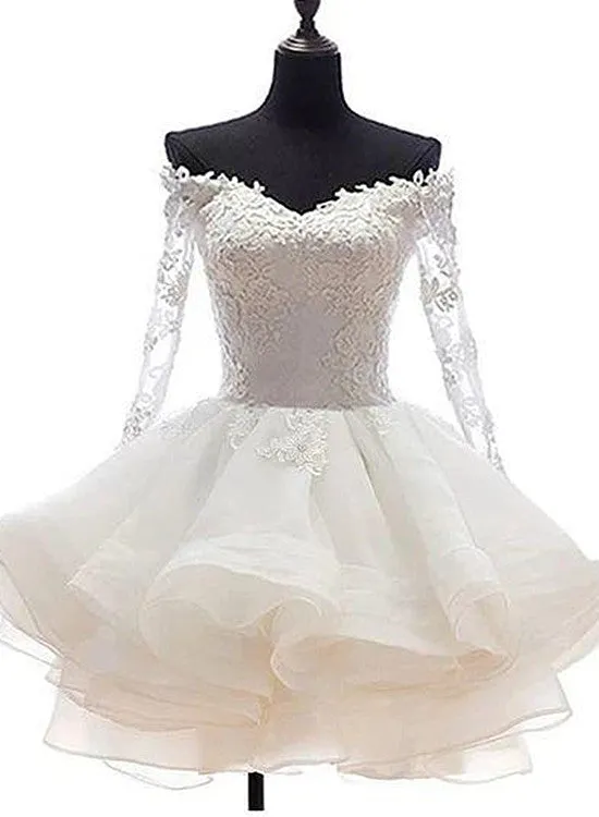 White Off Shoulder Short Organza with Lace Top Graduation Dress, Short Wedding Party Dress