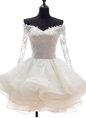 White Off Shoulder Short Organza with Lace Top Graduation Dress, Short Wedding Party Dress