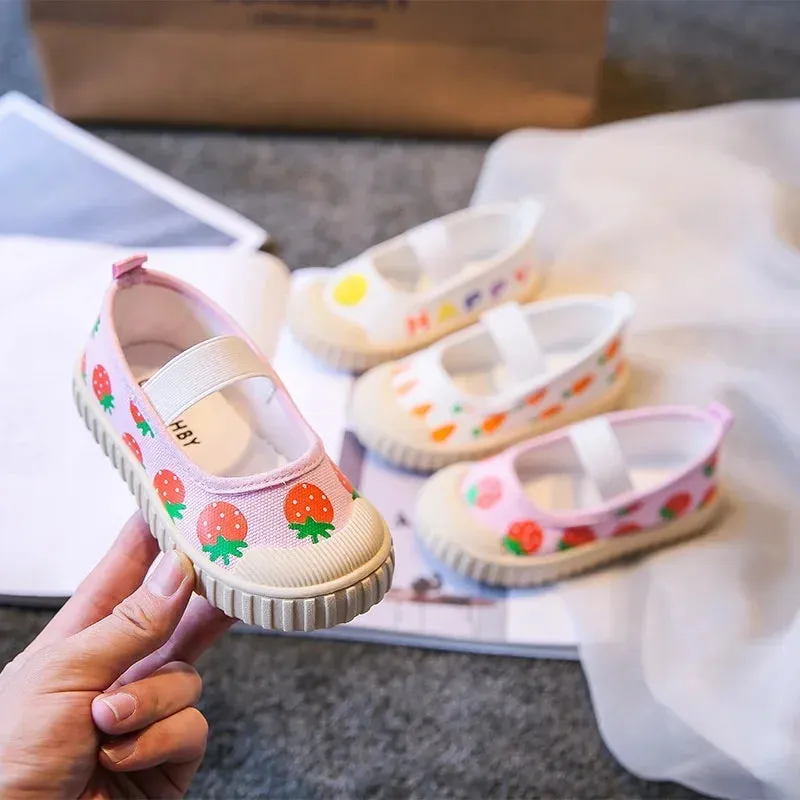 White Toddler Girl Canvas Strawberry Kids Shoes