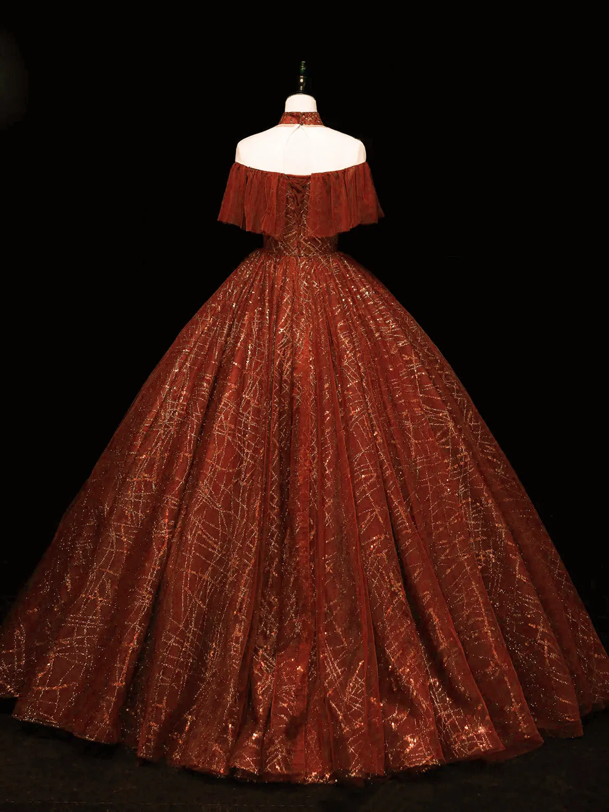Wine Red High Neckline Ball Gown Tulle Party Dress, Shiny Tulle With Lace Prom Dress