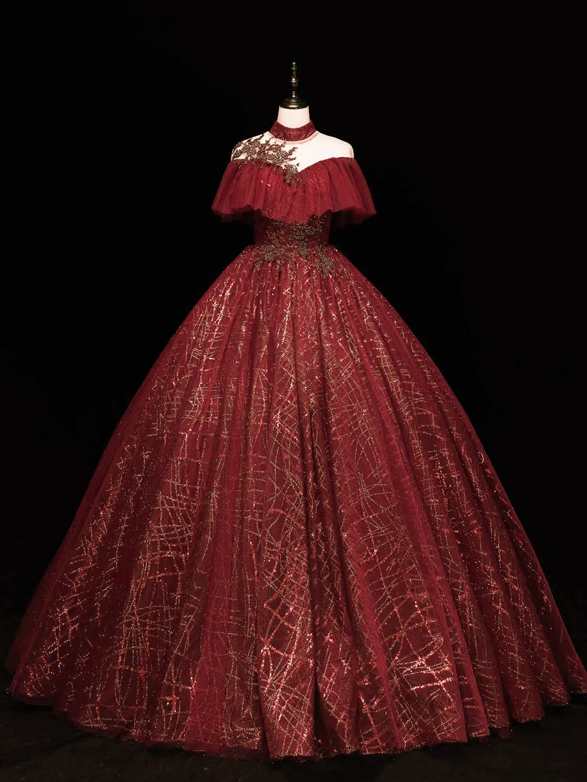 Wine Red High Neckline Ball Gown Tulle Party Dress, Shiny Tulle With Lace Prom Dress