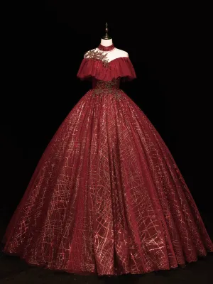 Wine Red High Neckline Ball Gown Tulle Party Dress, Shiny Tulle With Lace Prom Dress