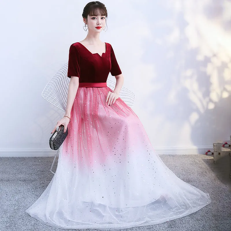 Wine Red Velvet Top Gradient Tulle Long Evening Dress Party Dress, A-line Simple Bridesmaid Dresses
