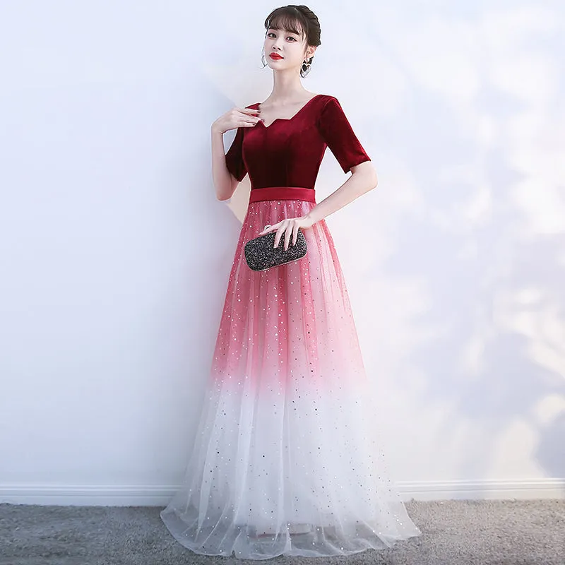 Wine Red Velvet Top Gradient Tulle Long Evening Dress Party Dress, A-line Simple Bridesmaid Dresses