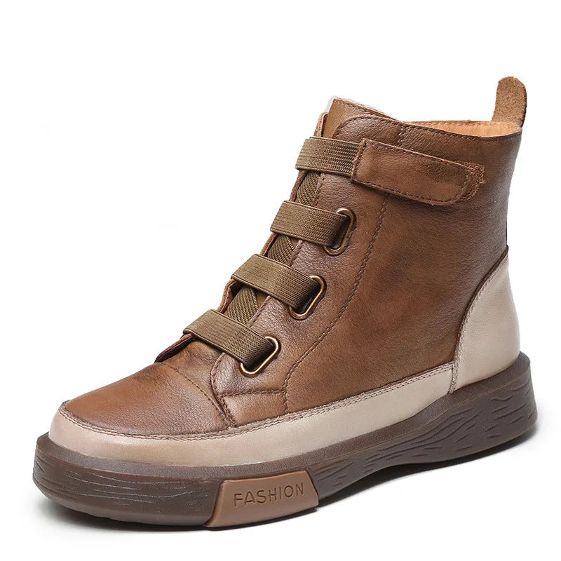 Women's Retro Leather Boots Soft Sole Colorblock High Top WomenShoes