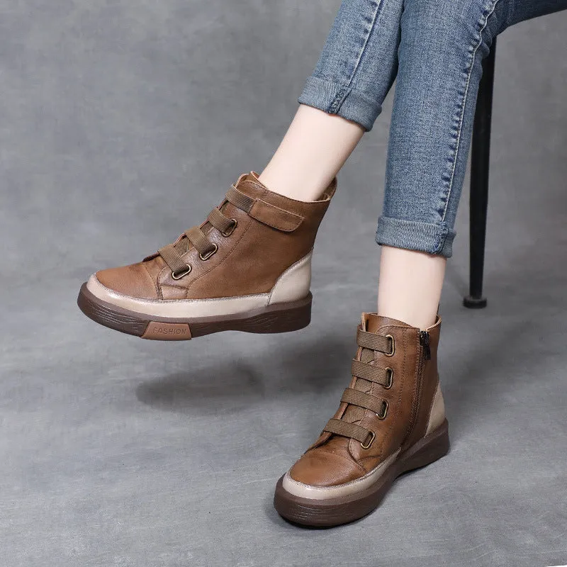 Women's Retro Leather Boots Soft Sole Colorblock High Top WomenShoes