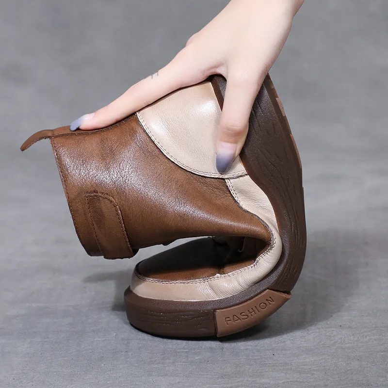 Women's Retro Leather Boots Soft Sole Colorblock High Top WomenShoes