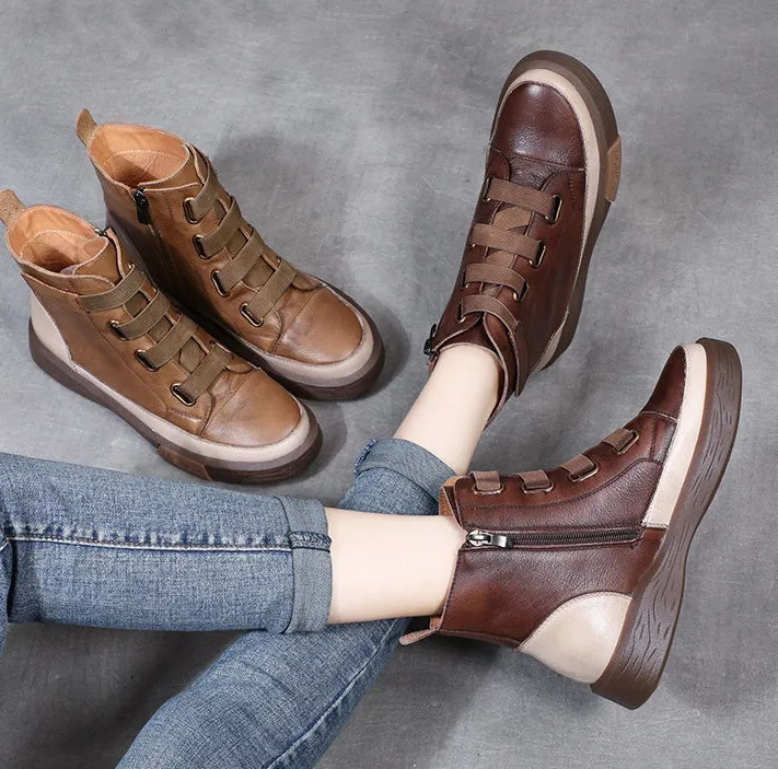 Women's Retro Leather Boots Soft Sole Colorblock High Top WomenShoes