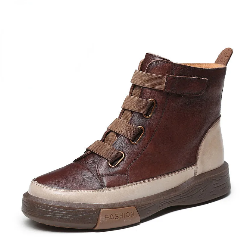 Women's Retro Leather Boots Soft Sole Colorblock High Top WomenShoes