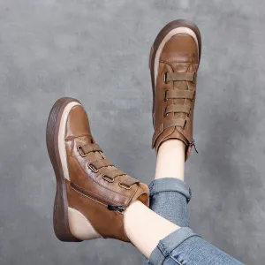 Women's Retro Leather Boots Soft Sole Colorblock High Top WomenShoes