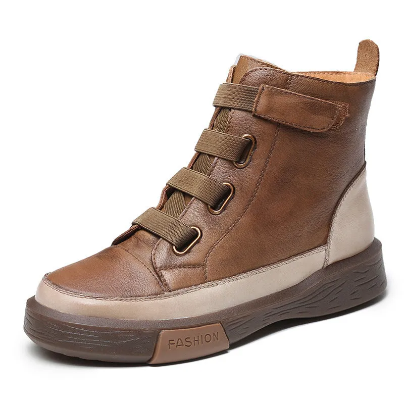 Women's Retro Leather Boots Soft Sole Colorblock High Top WomenShoes