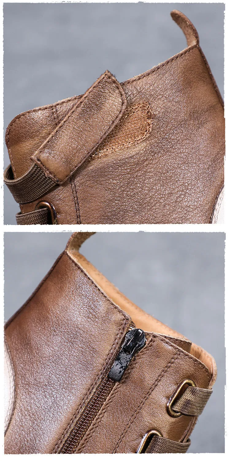 Women's Retro Leather Boots Soft Sole Colorblock High Top WomenShoes