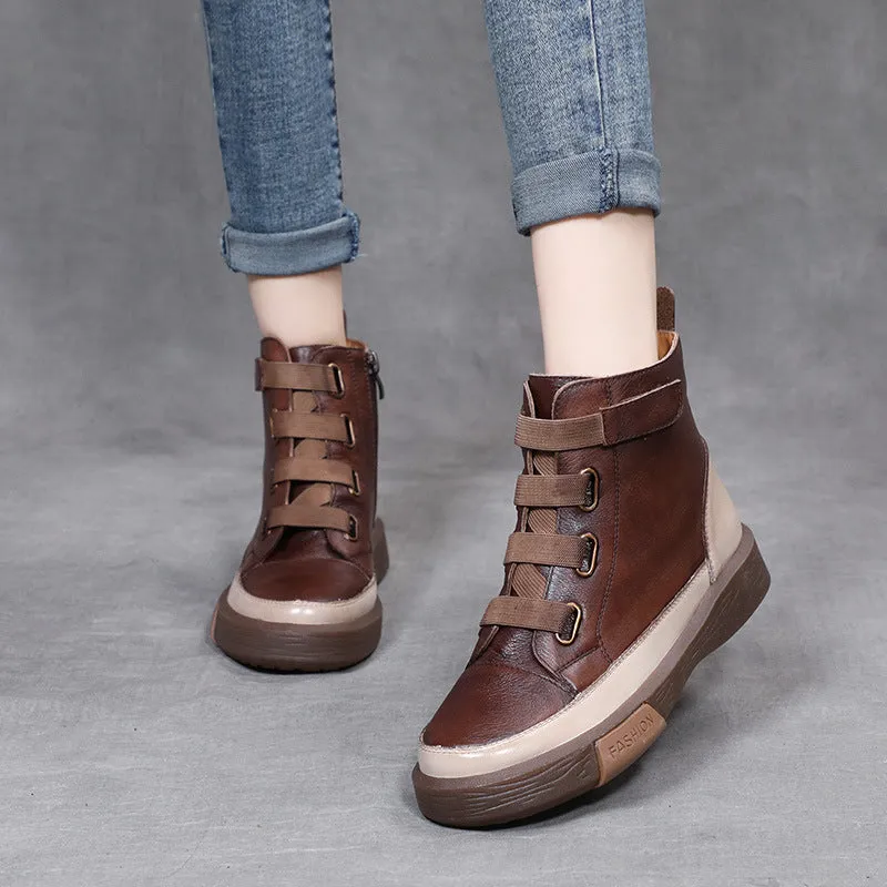Women's Retro Leather Boots Soft Sole Colorblock High Top WomenShoes