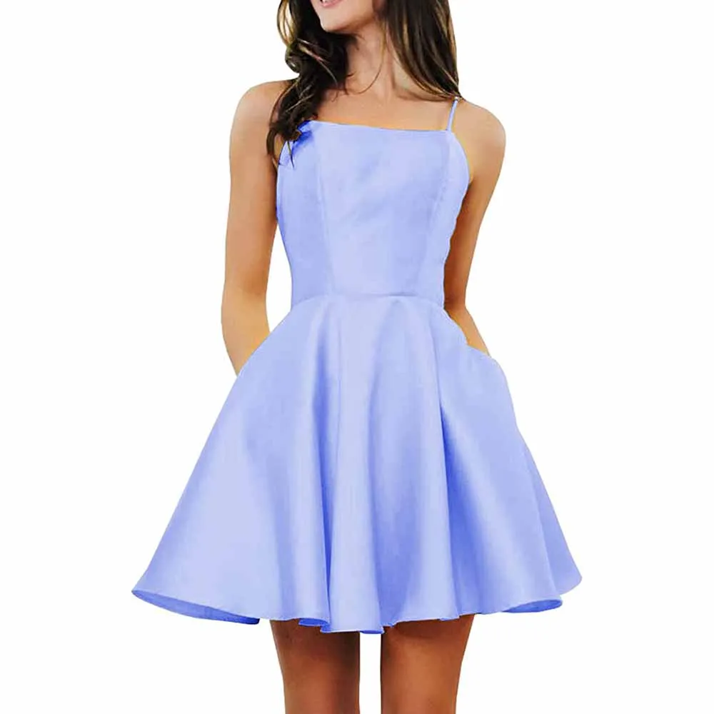 Women's Short Homecoming Dresses Pockets Backless Satin Prom Dress for Teens