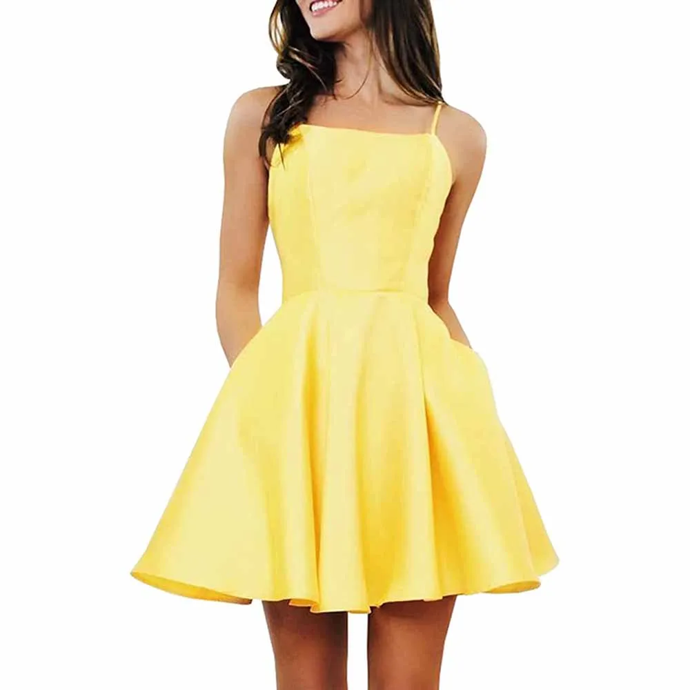 Women's Short Homecoming Dresses Pockets Backless Satin Prom Dress for Teens