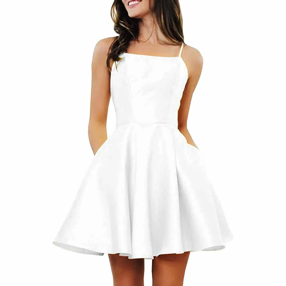 Women's Short Homecoming Dresses Pockets Backless Satin Prom Dress for Teens