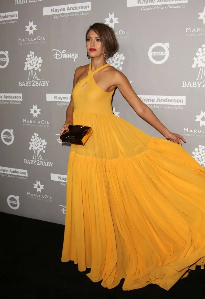 Yellow Jessica Alba Criss Cross Halter Dress Chiffon Prom Celebrity Evening Dress Baby2Baby Gala