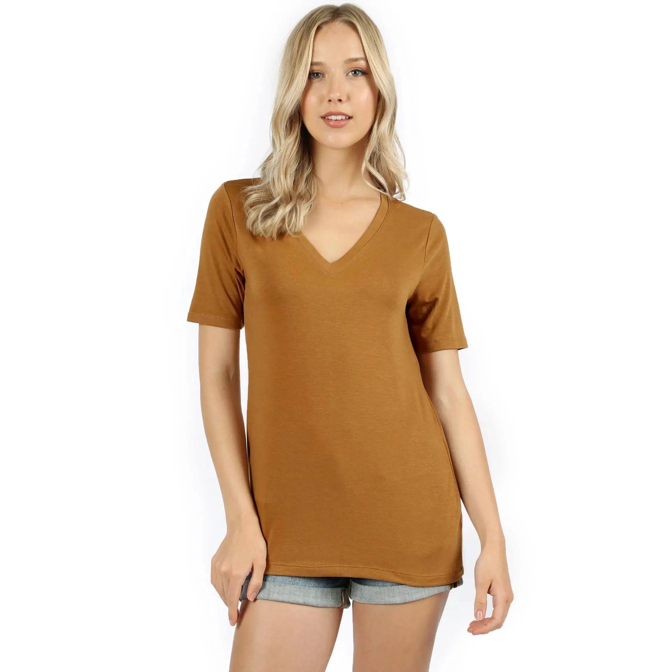 Zenana Premium Fabric Short Sleeve V-Neck Tee COFFEE  RT-2109XP